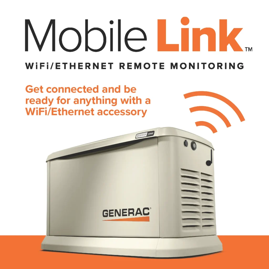 Generac generator with "Mobile Link WiFi/Ethernet Remote Monitoring" text and a prompt to get connected using a WiFi/Ethernet accessory.