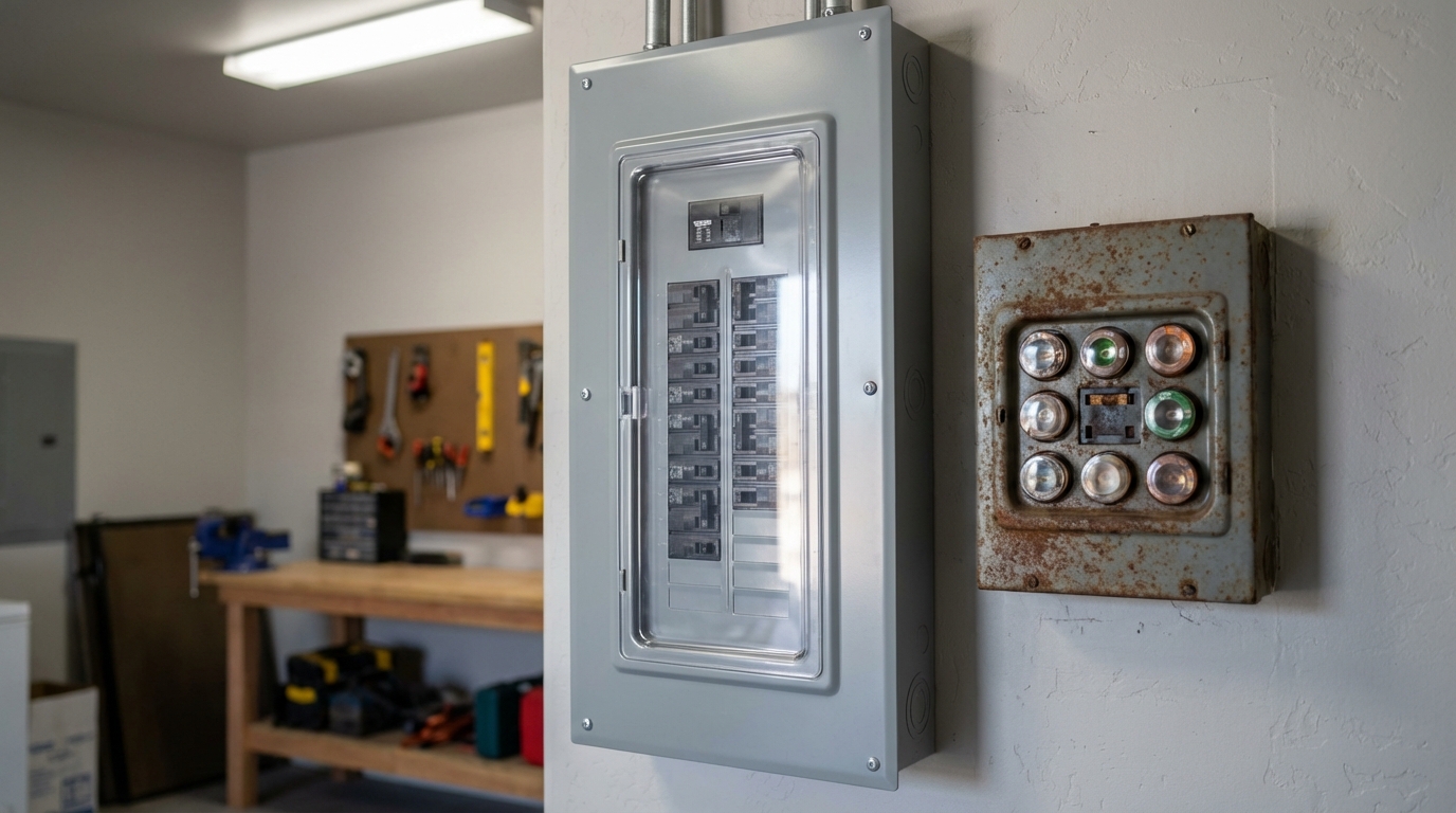 Modern 200-amp electrical panel upgrade next to old fuse box by Goodkin Electric in Bullhead City.