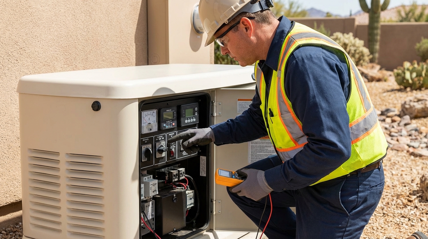 Goodkin Electric electrician inspecting a Generac standby generator control panel in Bullhead City, AZ.