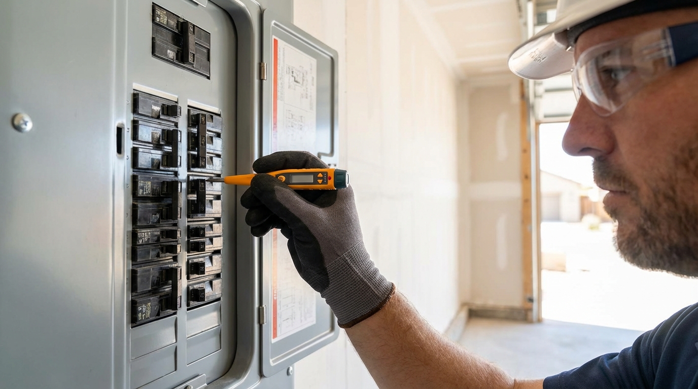 Goodkin Electric professional electrician in Bullhead City testing a residential circuit breaker panel.