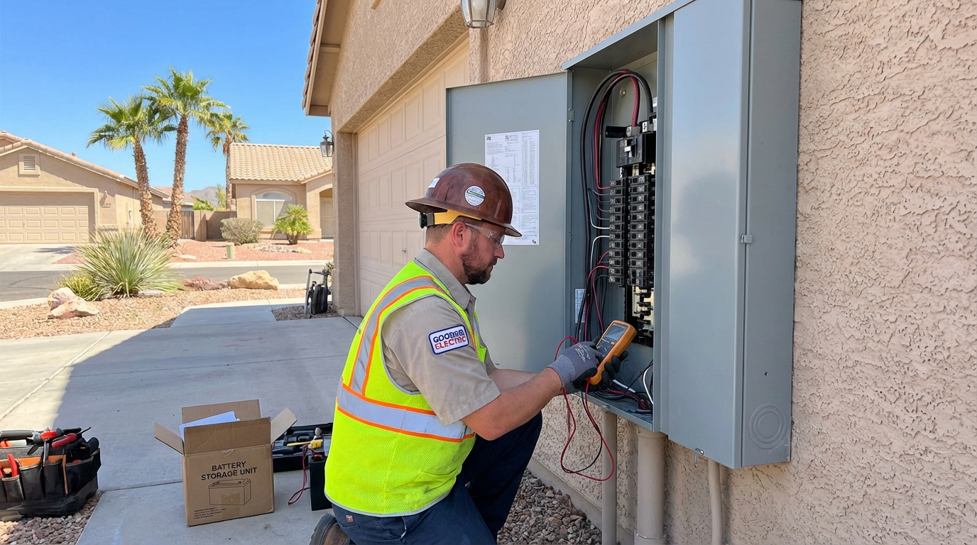 Goodkin Electric technician inspecting a main panel for Tesla Powerwall 3 installation in Bullhead City.