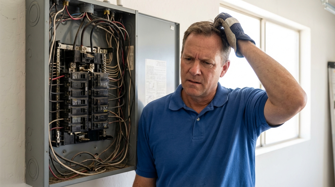 Confused homeowner looking at an electrical panel, a sign to call a licensed electrician in Bullhead City, AZ.