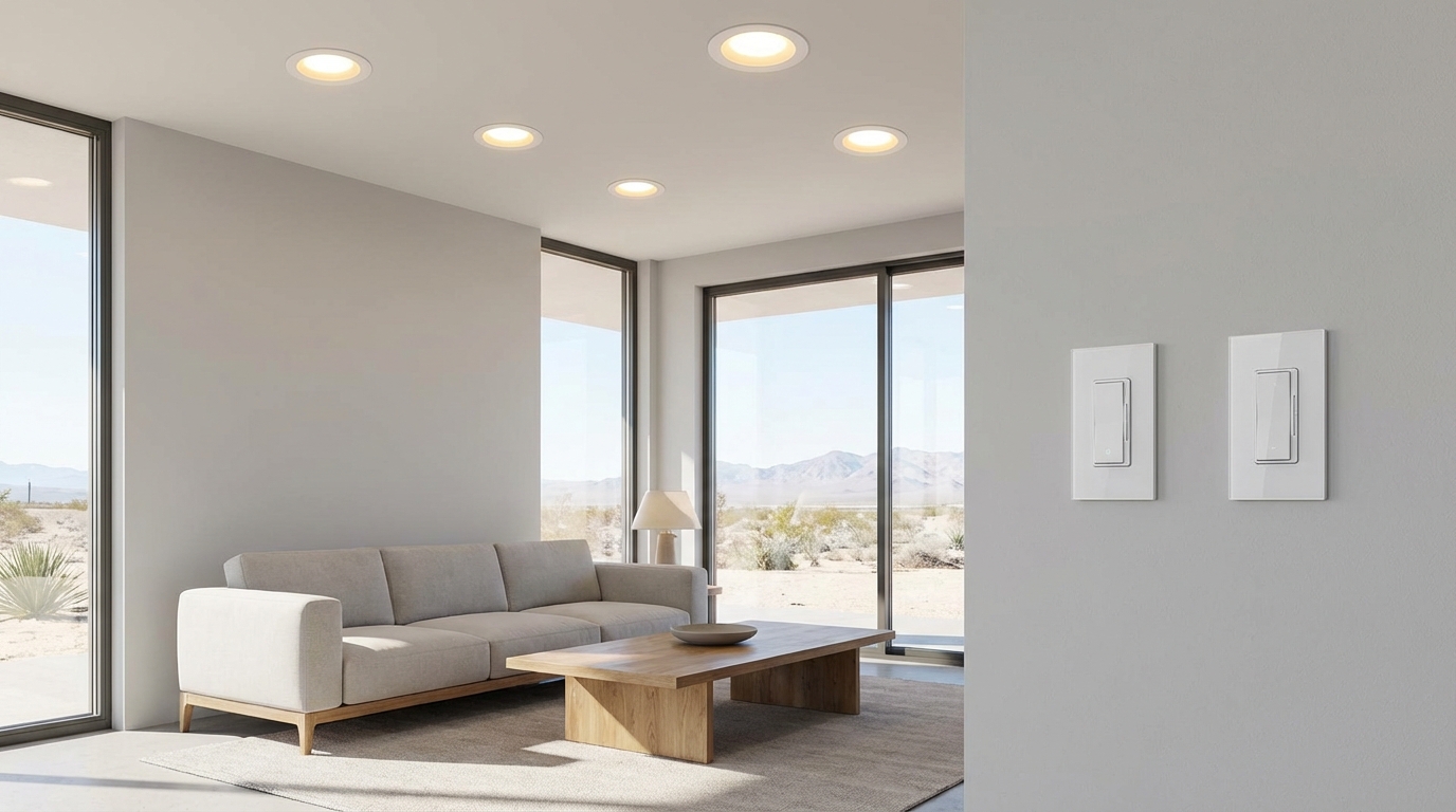 Modern living room with recessed LED lighting and smart dimmers by Goodkin Electric in Bullhead City.