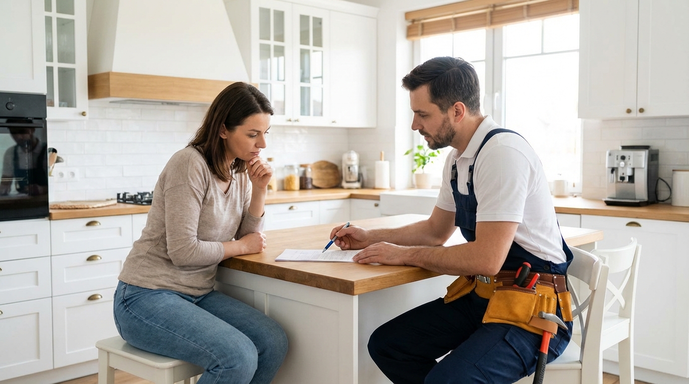 Goodkin Electric electrician explaining a written estimate to a homeowner in a Bullhead City kitchen.