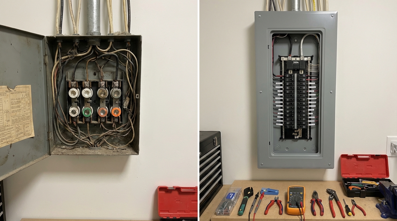 200-amp electrical panel upgrade vs old fuse box by licensed electrician Goodkin Electric in Bullhead City, AZ